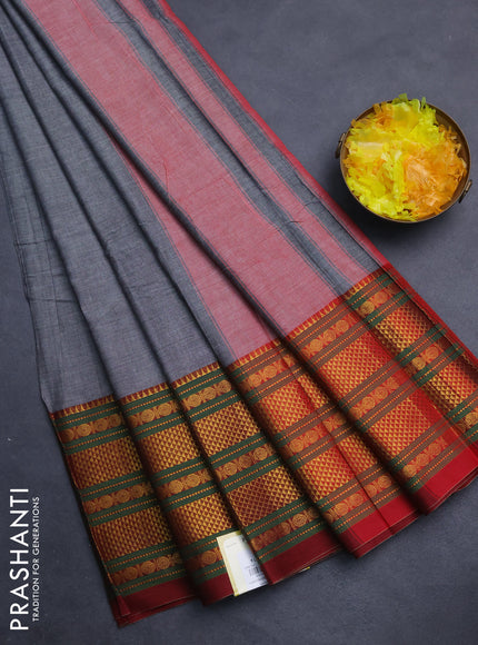 Narayanpet cotton saree grey and maroon with plain body and long zari woven border