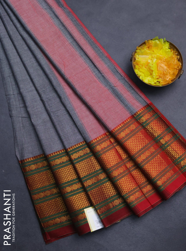 Narayanpet cotton saree grey and maroon with plain body and long zari woven border