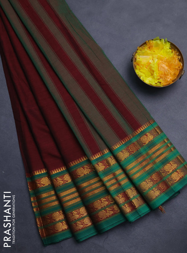 Narayanpet cotton saree maroon and green with plain body and annam zari woven border