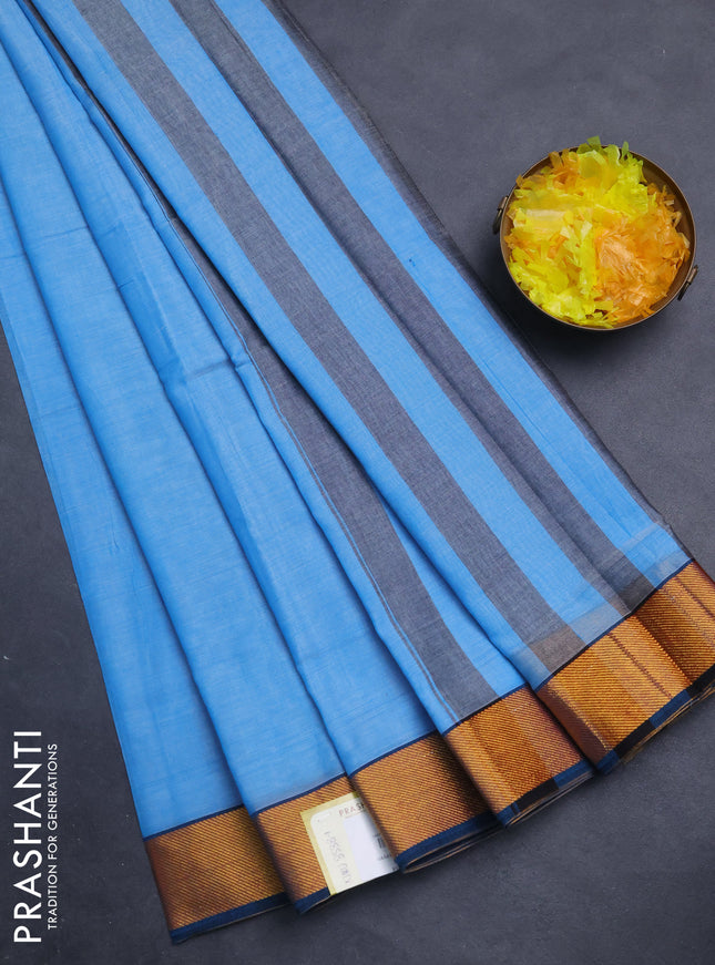 Narayanpet cotton saree light blue and peacock blue with plain body and zari woven border