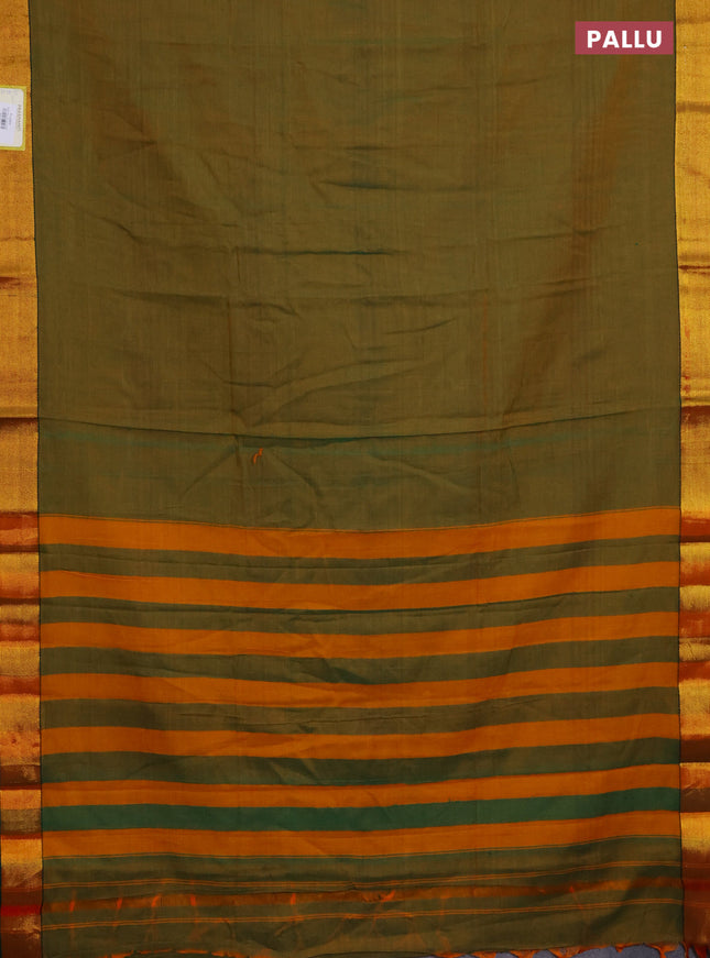 Narayanpet cotton saree dual shade of greenish mustard and green with plain body and zari woven border