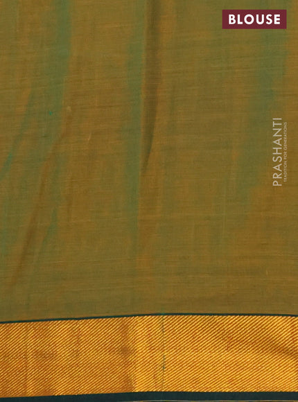 Narayanpet cotton saree dual shade of greenish mustard and green with plain body and zari woven border