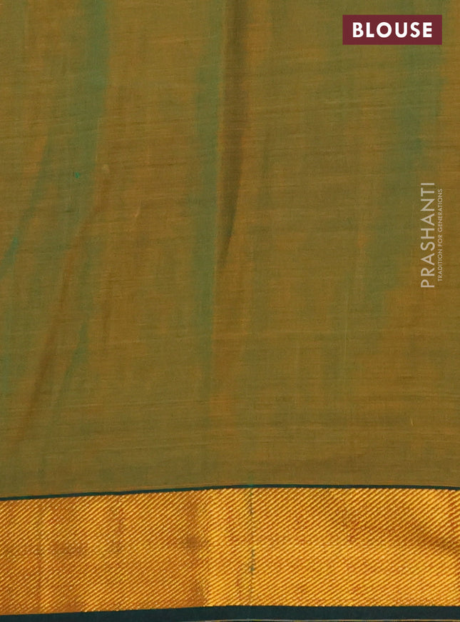 Narayanpet cotton saree dual shade of greenish mustard and green with plain body and zari woven border