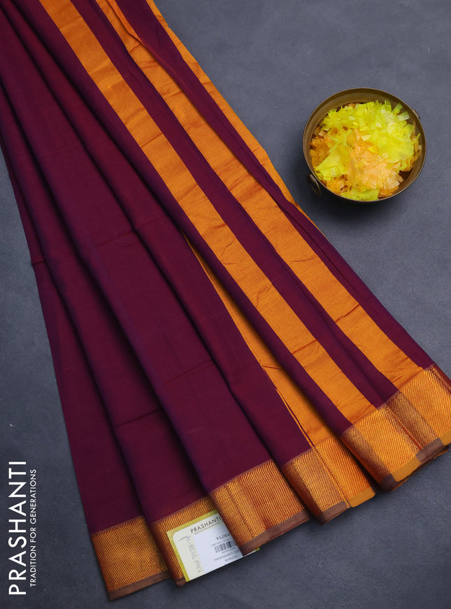 Narayanpet cotton saree purple shade and brown with plain body and zari woven border