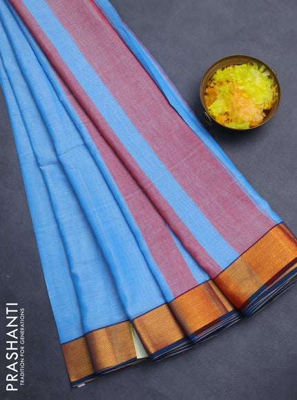 Narayanpet cotton saree light blue and peacock blue with plain body and zari woven border