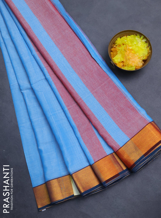 Narayanpet cotton saree light blue and peacock blue with plain body and zari woven border
