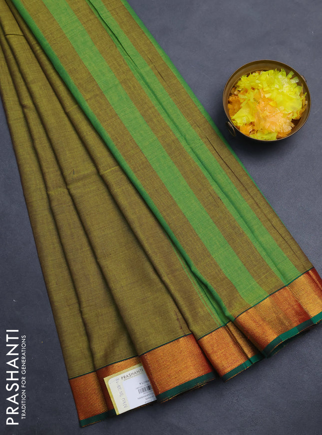 Narayanpet cotton saree lime green and green with plain body and zari woven border
