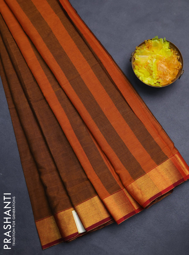 Narayanpet cotton saree dark mustard and maroon with plain body and zari woven border