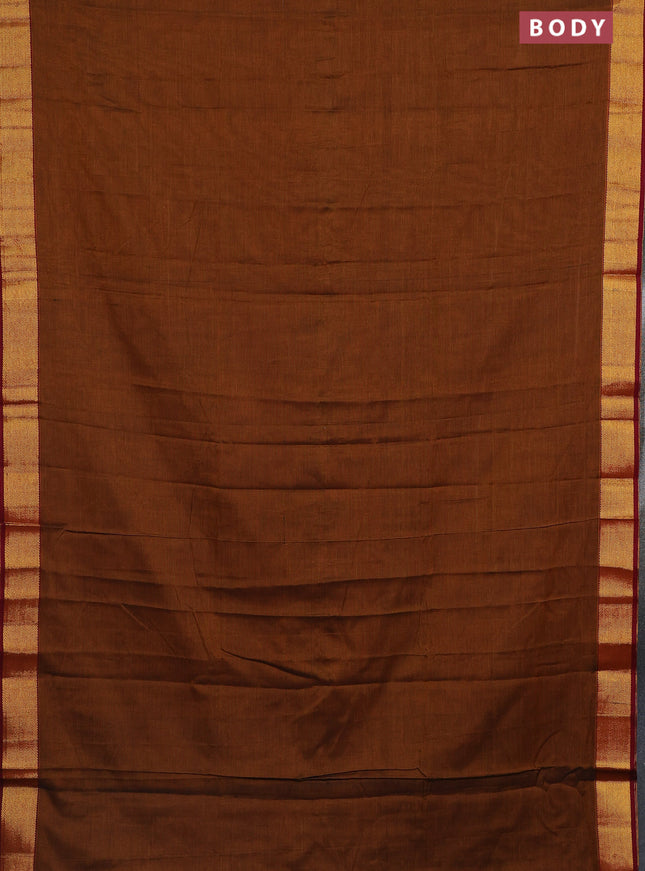 Narayanpet cotton saree dark mustard and maroon with plain body and zari woven border