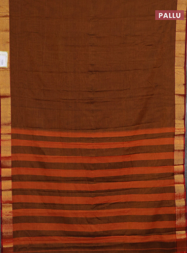 Narayanpet cotton saree dark mustard and maroon with plain body and zari woven border