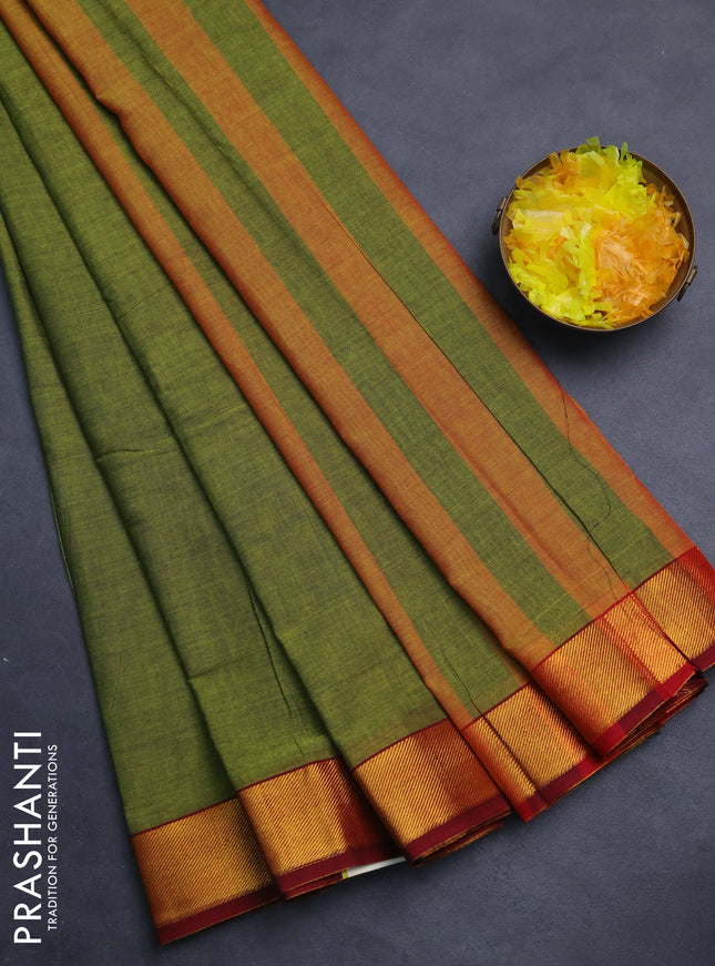 Narayanpet cotton saree mehendi green and maroon with plain body and zari woven border