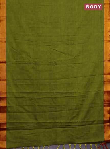 Narayanpet cotton saree mehendi green and maroon with plain body and zari woven border