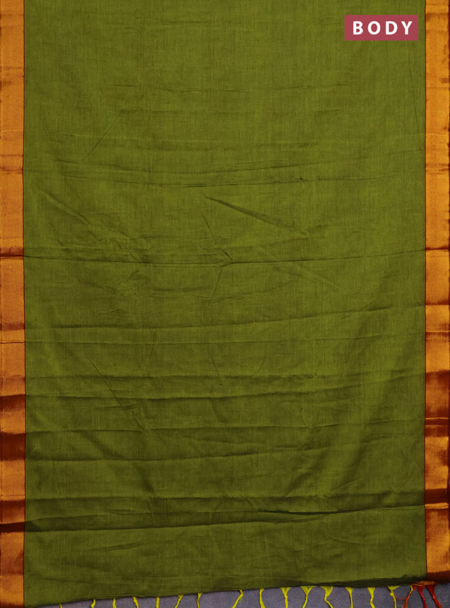 Narayanpet cotton saree mehendi green and maroon with plain body and zari woven border