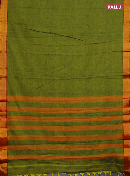 Narayanpet cotton saree mehendi green and maroon with plain body and zari woven border