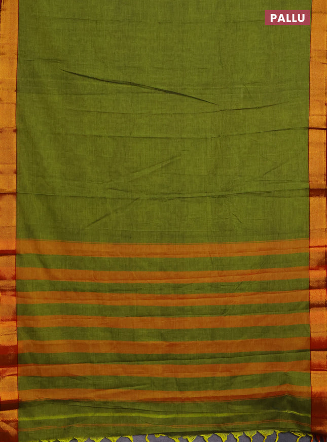 Narayanpet cotton saree mehendi green and maroon with plain body and zari woven border