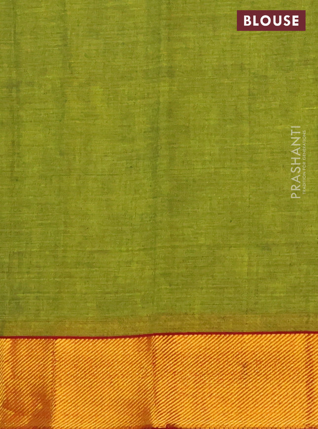 Narayanpet cotton saree mehendi green and maroon with plain body and zari woven border