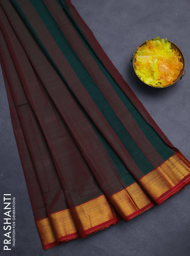 Narayanpet cotton saree dual shade of greenish maroon and maroon with plain body and zari woven border