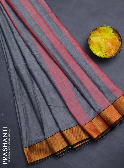 Narayanpet cotton saree grey and black with plain body and zari woven border