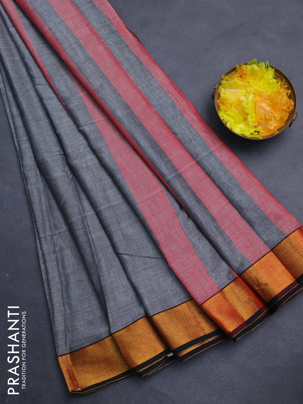 Narayanpet cotton saree grey and black with plain body and zari woven border