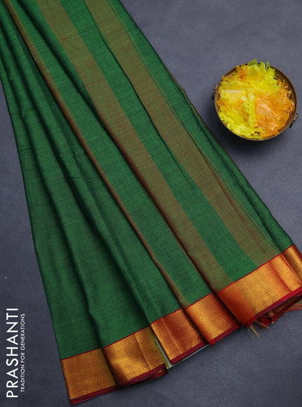 Narayanpet cotton saree green and maroon with plain body and zari woven border