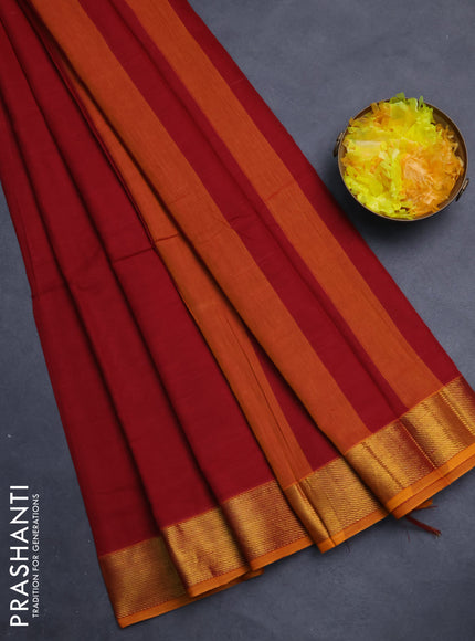 Narayanpet cotton saree maroon and mustard yellow with plain body and zari woven border