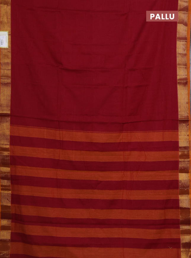 Narayanpet cotton saree maroon and mustard yellow with plain body and zari woven border