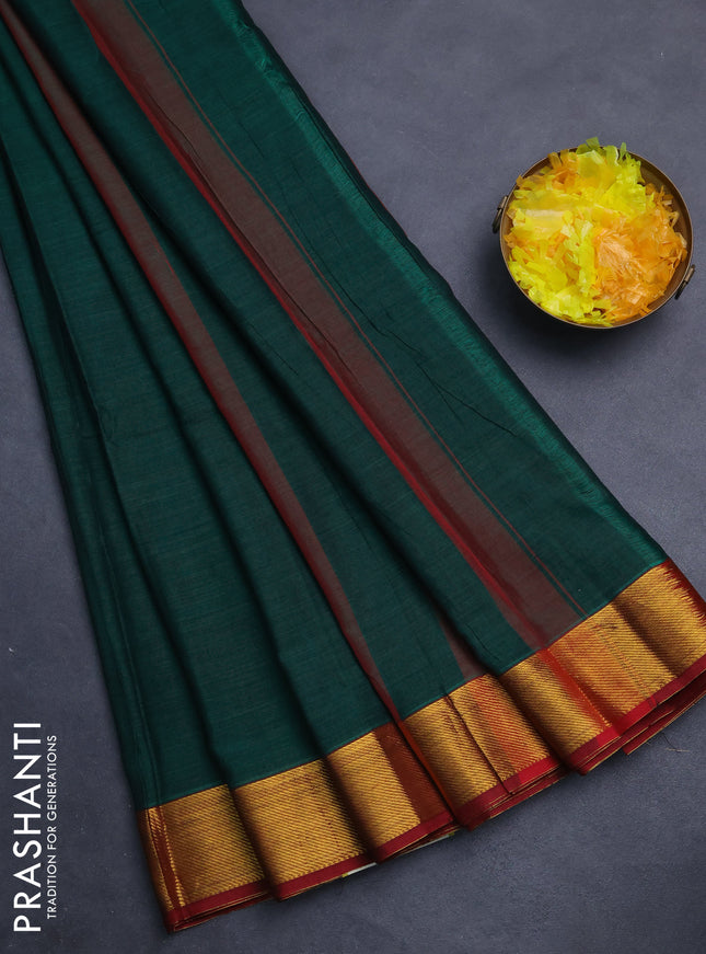 Narayanpet cotton saree green and maroon with plain body and zari woven border