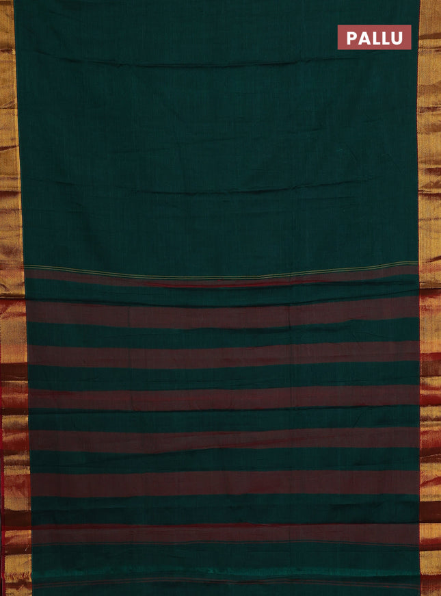 Narayanpet cotton saree green and maroon with plain body and zari woven border