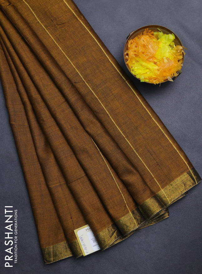 Narayanpet cotton saree dark mustard with plain body and zari woven border