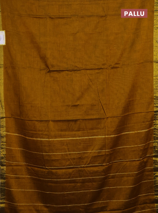 Narayanpet cotton saree dark mustard with plain body and zari woven border