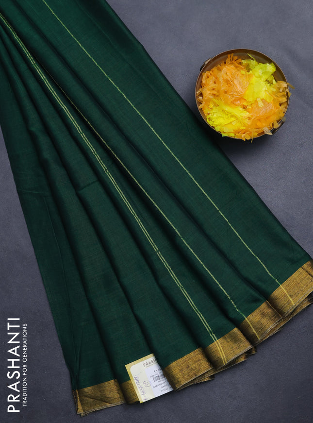 Narayanpet cotton saree green with plain body and zari woven border
