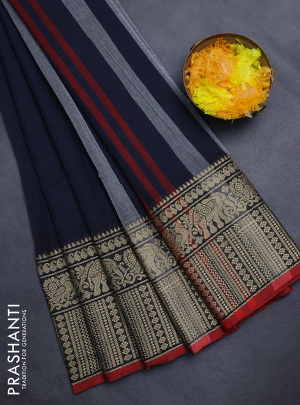 Narayanpet cotton saree dark navy blue and maroon with plain body and thread woven border