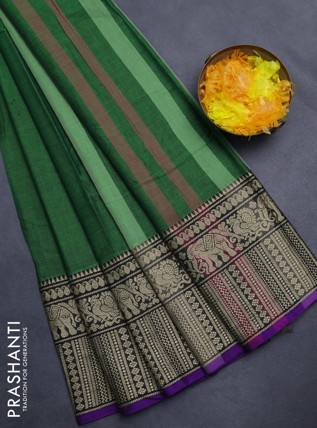 Narayanpet cotton saree green and violet with plain body and thread woven border