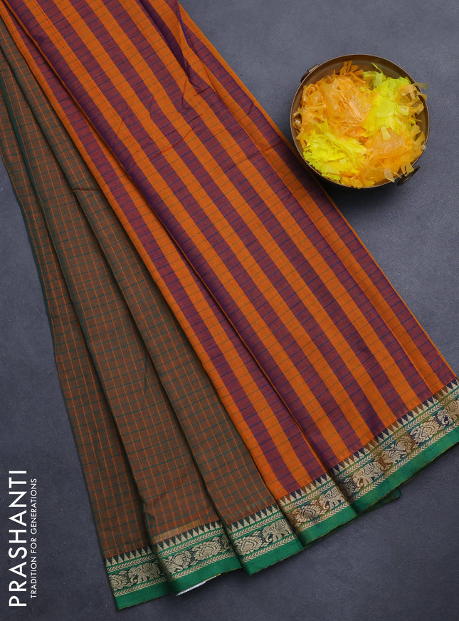 Narayanpet cotton saree dual shade of greenish mustard and green with allover checked pattern and thread woven border