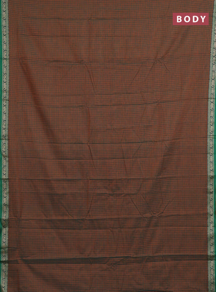 Narayanpet cotton saree dual shade of greenish mustard and green with allover checked pattern and thread woven border