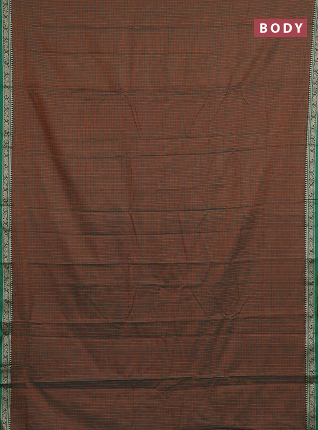 Narayanpet cotton saree dual shade of greenish mustard and green with allover checked pattern and thread woven border