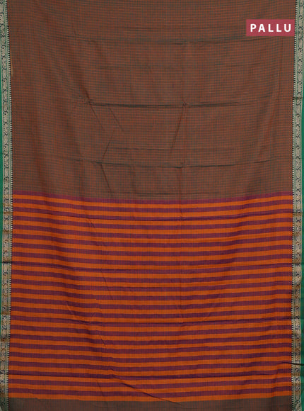 Narayanpet cotton saree dual shade of greenish mustard and green with allover checked pattern and thread woven border
