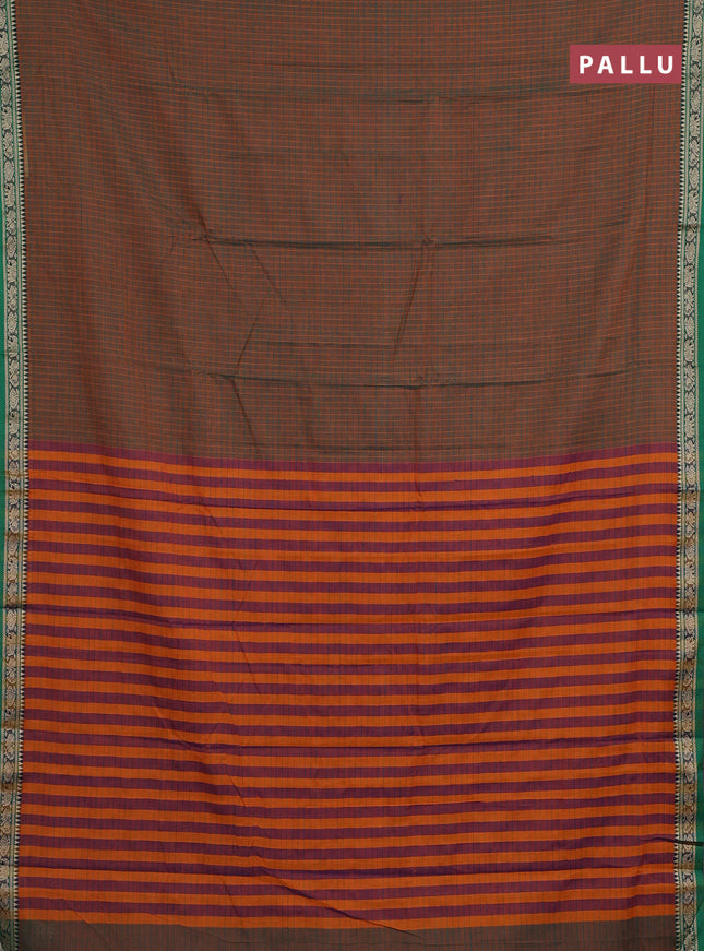 Narayanpet cotton saree dual shade of greenish mustard and green with allover checked pattern and thread woven border
