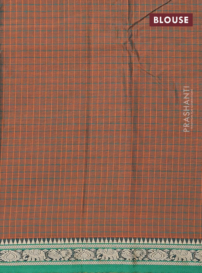 Narayanpet cotton saree dual shade of greenish mustard and green with allover checked pattern and thread woven border