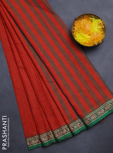 Narayanpet cotton saree orange and green with allover checked pattern and thread woven border