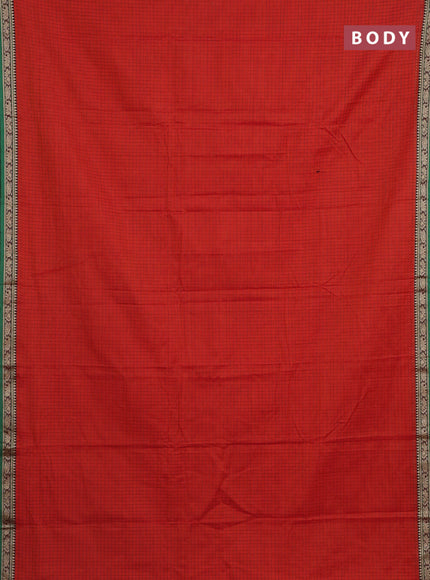 Narayanpet cotton saree orange and green with allover checked pattern and thread woven border