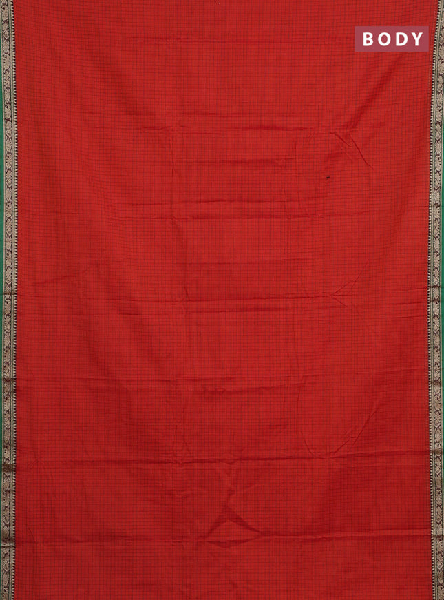 Narayanpet cotton saree orange and green with allover checked pattern and thread woven border