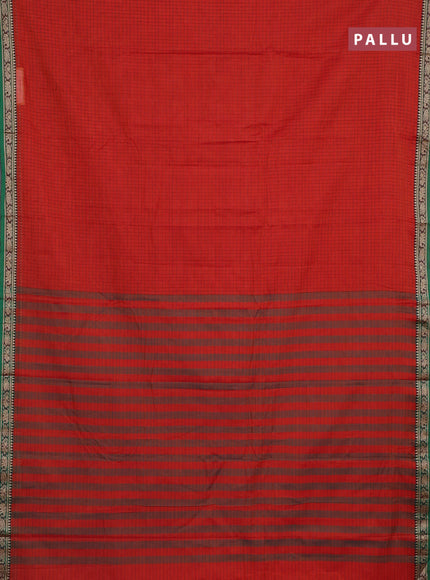 Narayanpet cotton saree orange and green with allover checked pattern and thread woven border