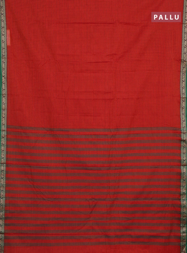 Narayanpet cotton saree orange and green with allover checked pattern and thread woven border