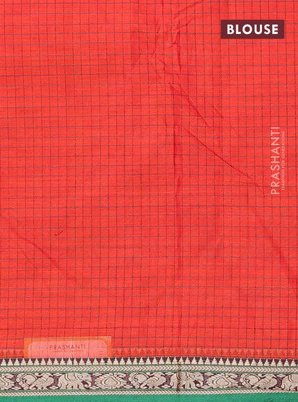Narayanpet cotton saree orange and green with allover checked pattern and thread woven border