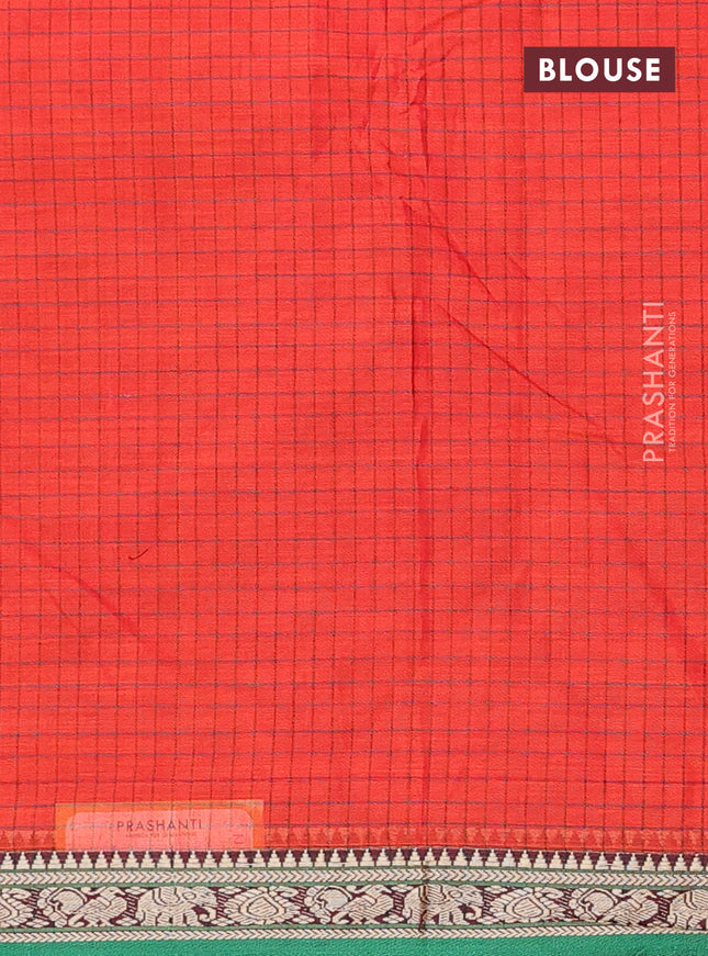 Narayanpet cotton saree orange and green with allover checked pattern and thread woven border