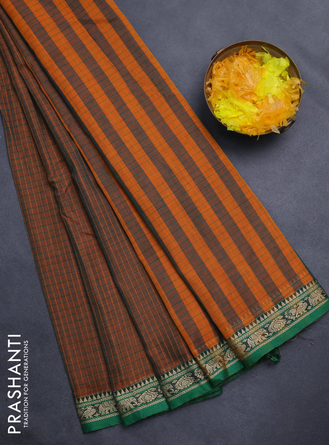 Narayanpet cotton saree dual shade of mustard and green with allover checked pattern and thread woven border