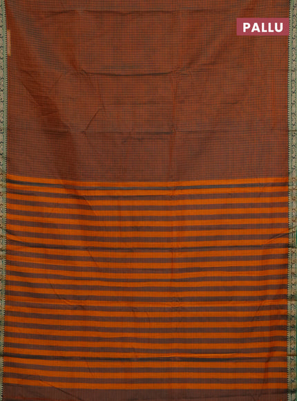 Narayanpet cotton saree dual shade of mustard and green with allover checked pattern and thread woven border
