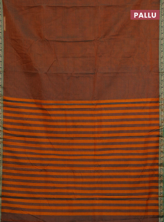 Narayanpet cotton saree dual shade of mustard and green with allover checked pattern and thread woven border