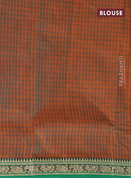 Narayanpet cotton saree dual shade of mustard and green with allover checked pattern and thread woven border